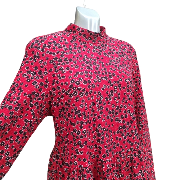 River Island Red Dress Size 18 Ditsy Floral Long Sleeve Mock Neck Tiered - Picture 4 of 11